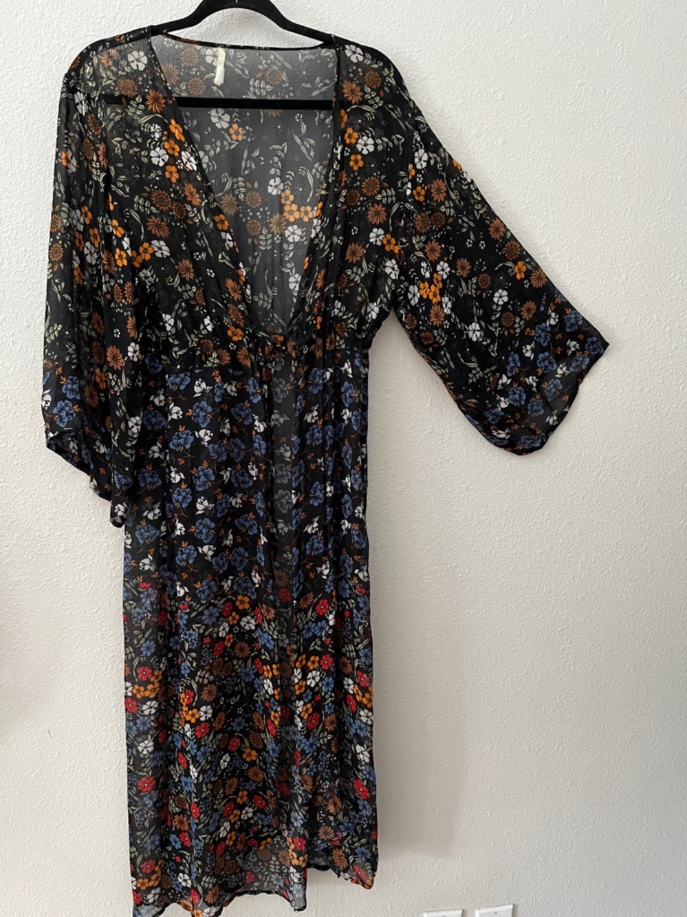 Boho  Sheer Black Floral Midii Duster with Orange & Blue Blooms
OS